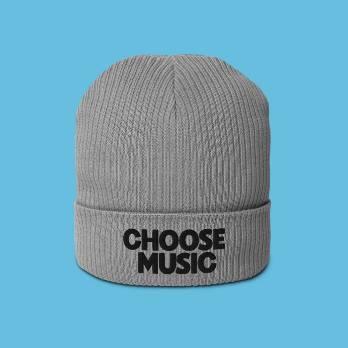 Gray beanie with black words: choose music